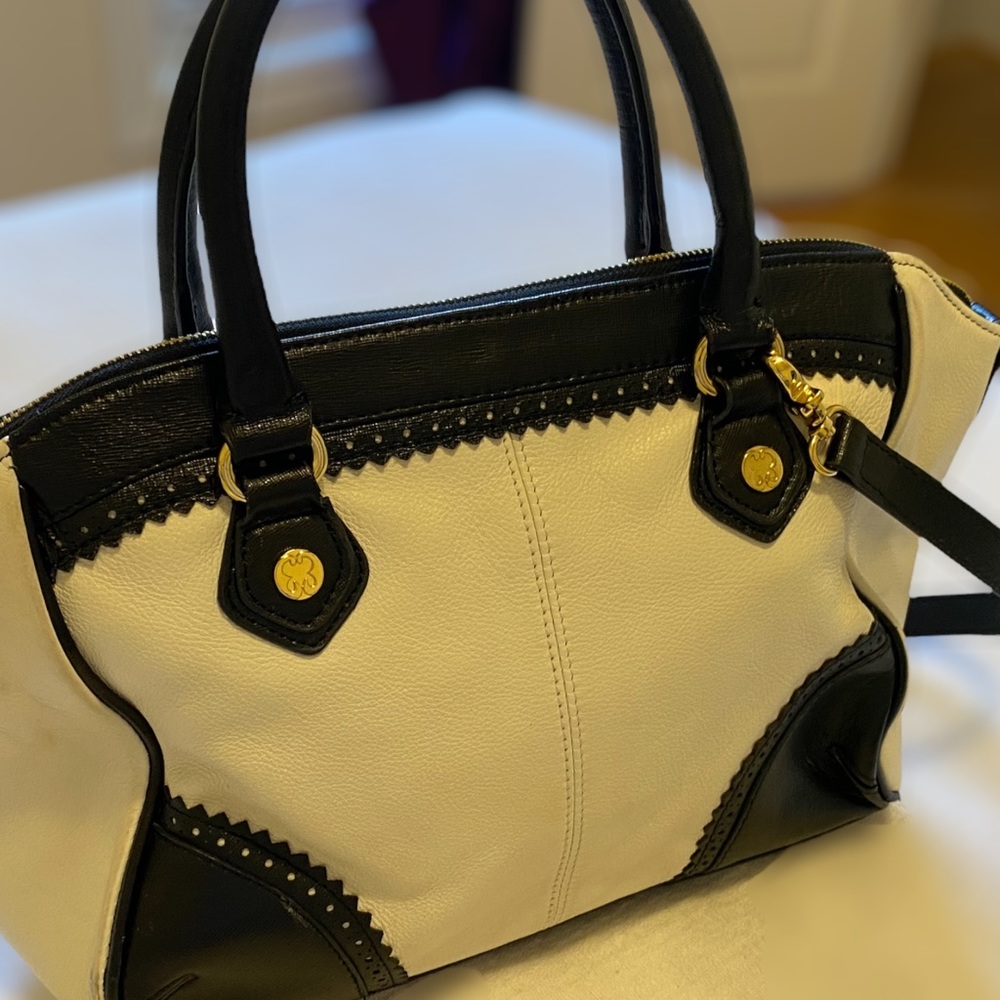 EMMA FOX Navy White Leather Zip Top Shoulder And Elbow Straps Satchel Bag